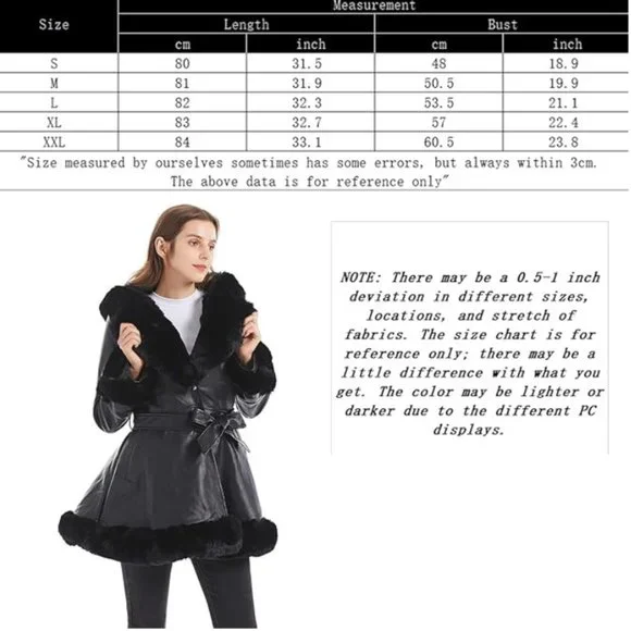 Women's Faux Leather Jacket with Faux Fur Collar Long Sleeve Parka with Pockets